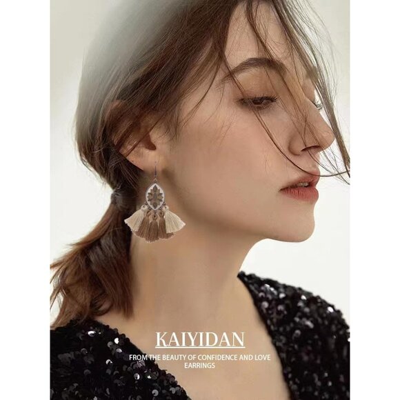 Brown Tassels Oval Shaped Enamal Dangle Statement Vintage Earring for Women - Picture 3 of 10